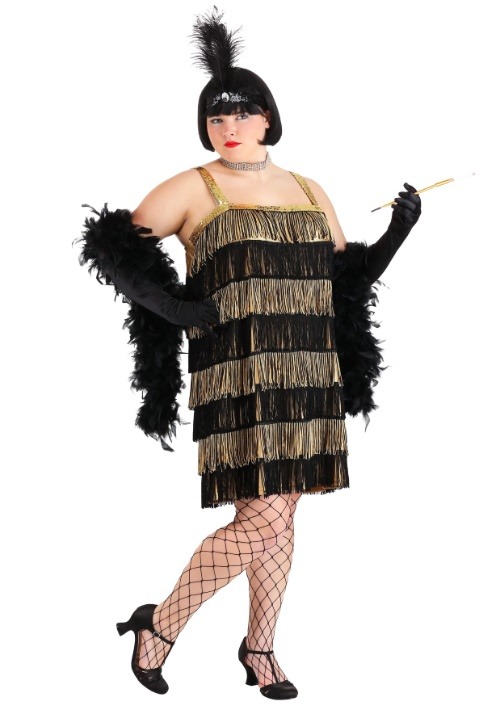 Plus Size Fringe Gold Flapper Costume