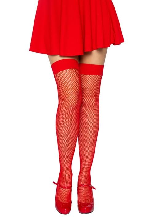 Red Nylon Fishnet Thigh High Tights