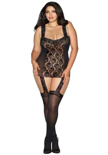 Womens Plus Size Black Lace Up Back Garter Dress