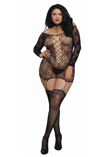 Plus Black Lace Patterned Knit Garter Dress