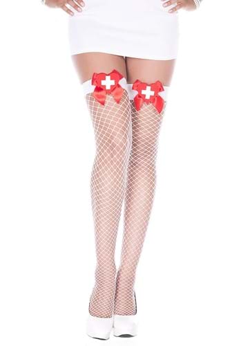 Womens White Nurse Fishnet Thigh High