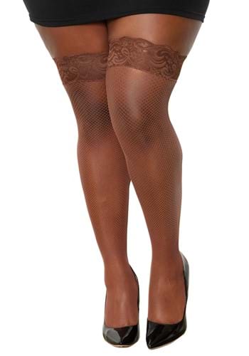 Womens Plus Size Espresso Fishnet Thigh High Stockings